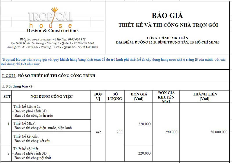 Bảng gi&aacute; tư vấn nội thất Tropical House