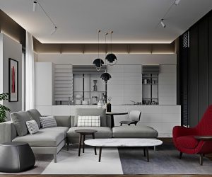 3 nội thất nhà hiện đại màu đỏ và xám trong khuôn viên sang trọng