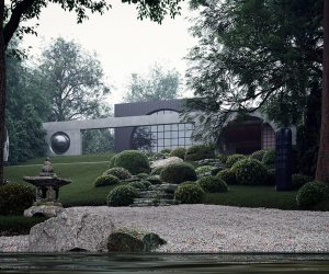 Một ngôi nhà vườn Nhật Bản vói bậc thang điêu khắc nghệ thuật