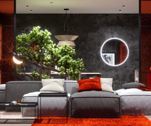 Nội thất màu đỏ và xám hiện đại với những ảnh hưởng của Nhật Bản