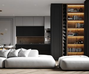 Hai nội thất nhà tân cổ điển với màu xám chủ đạo