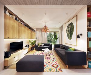 Khu rừng xanh bên ngoài thêm cá tính cho căn hộ ấm áp và hiện đại này