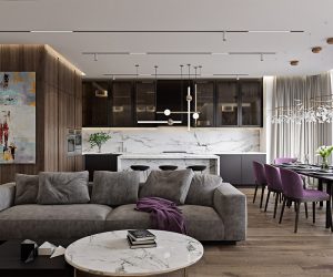 Một ngôi nhà hiện đại ấm cúng với đá cẩm thạch trắng và màu tím